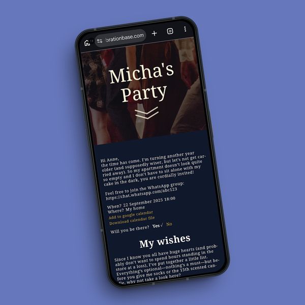 Mobile view of a digital invitation by CelebrationBase on a smartphone in dark mode