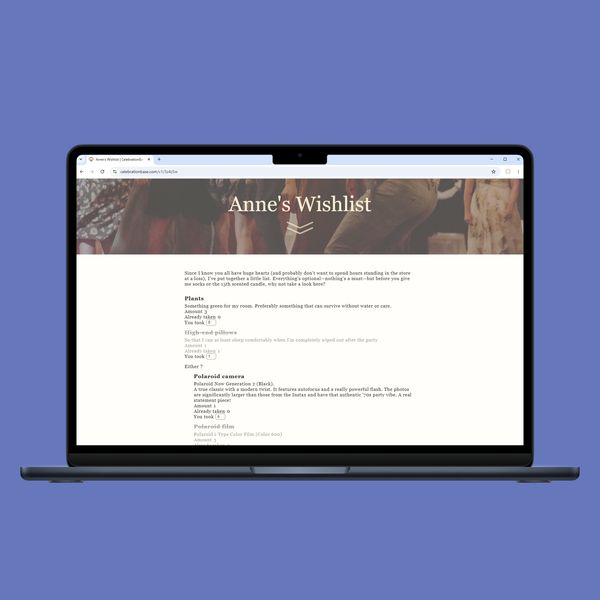 Desktop view of a digital wishlist by CelebrationBase on a laptop in light mode
